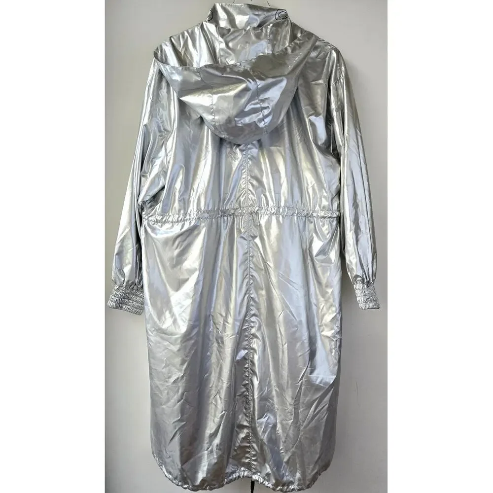 SJYP Silver Long Metallic Raincoat Hooded Womens Size Medium Korean Brand Edgy